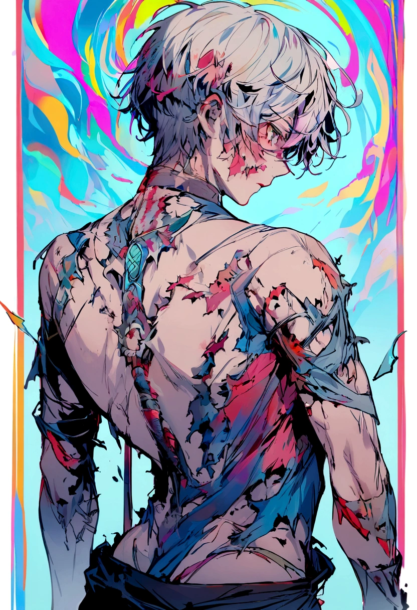 male , injured all over his body, with an arrow stuck in his back, torn clothes