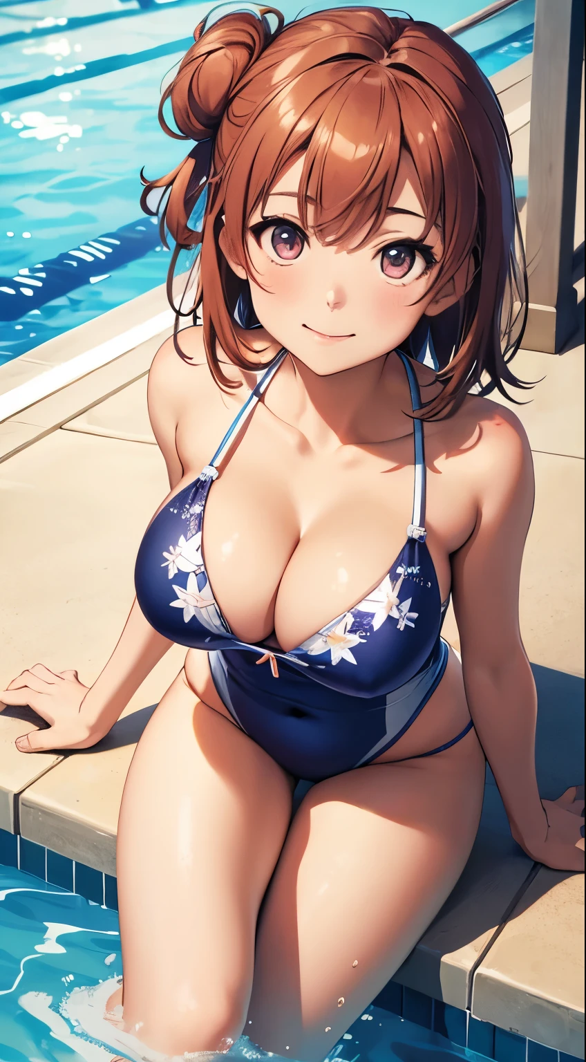 1girl, solo, masterpiece, best quality, high res, highly detailed, (illustration), beatiful detailed eyes, yuigahama yui, single hair bun, light smile, star-pattern swimsuit, cleavage, facing viewer, swimming pool