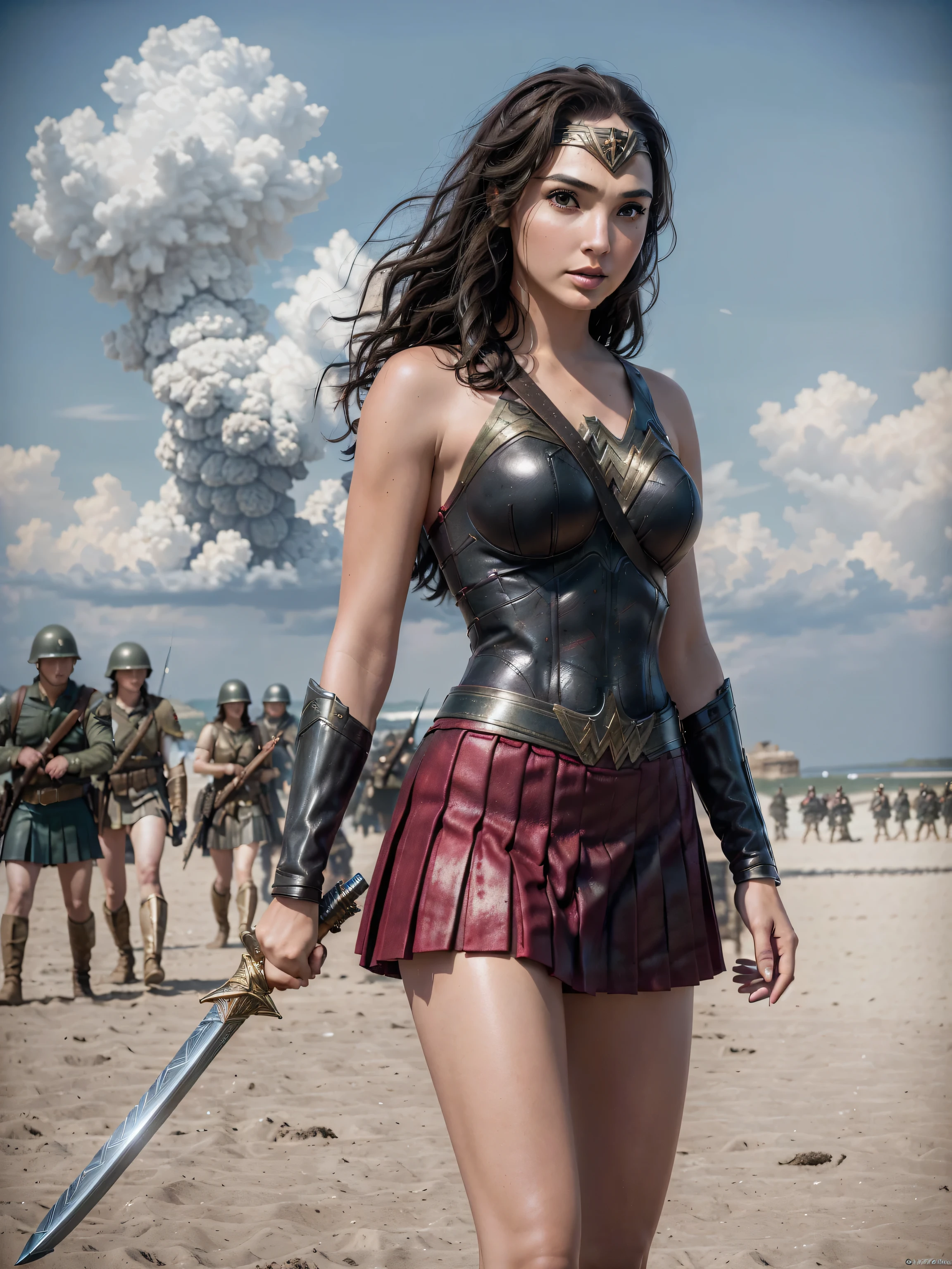 photorealistic Realism 8K, 16K, Quality: (Hyper absurd quality, extremely detailed detail, hyper resolution, clear sharp focus, not blurry, Realistic brown_eyes), ((perfect dark_eyeshadows:1.45)), (super Detailed, beautiful little nose:1.2), (perfect composition), Gal Gadot as (Wonder Woman cosplay), incredibly similar to the original outfit from the WW movie, dynamic stance, face focused on the target in the distance, ready to fight, beautiful cheekbones, double eyelids, dslr, best high quality soft lighting, sharp focus captured by Fujifilm XT3, f 5.6, in a dramatic lighting, ((perfect composition)), ((pale skin)), ((dry skin)), ((clear and detailed scene from the open battlefield of World War II fighting on the beach in NORMANDY, ((scene of death, many killed in battle, explosion, big explosion in the background, darkness, flashes in the sky))), ultra absurd details quality:1.3), (((With the heavenly power of the ancient Thunder God, holds a long one-handed sword and a large round shield with a star Captain America:1.4)), ((luxury leather Wonder Woman Cosplay:1.4), ultra absurd details quality), (with Red pleated mini skirt:1.25))