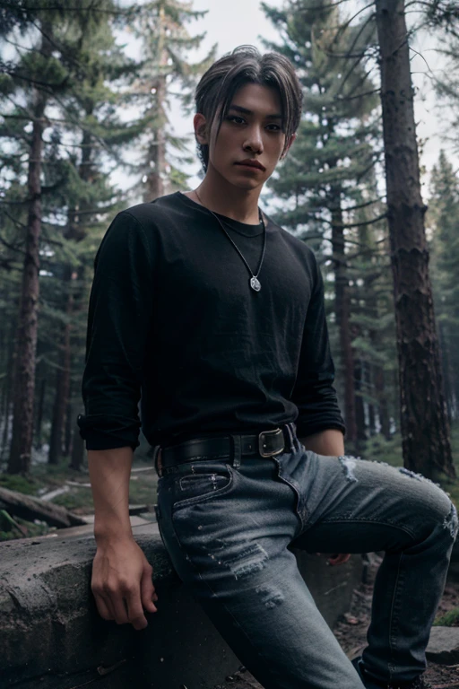 Ji-tae, Yoo Teo., Teen Wolf, 20 years old, short messy white hair, slim muscular build, black eyes, open black shirt, dark blue jeans, black belt, light brown combat boots, silver moon pendant, black misty forest background