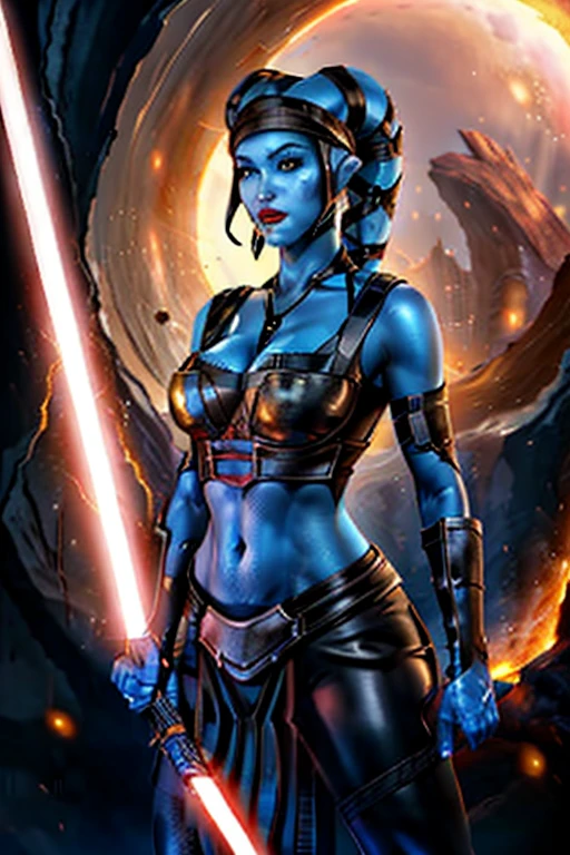 angry aayla secura Twilek dressed in sthoutfit,on lava,blond hair,holding lightsaber
