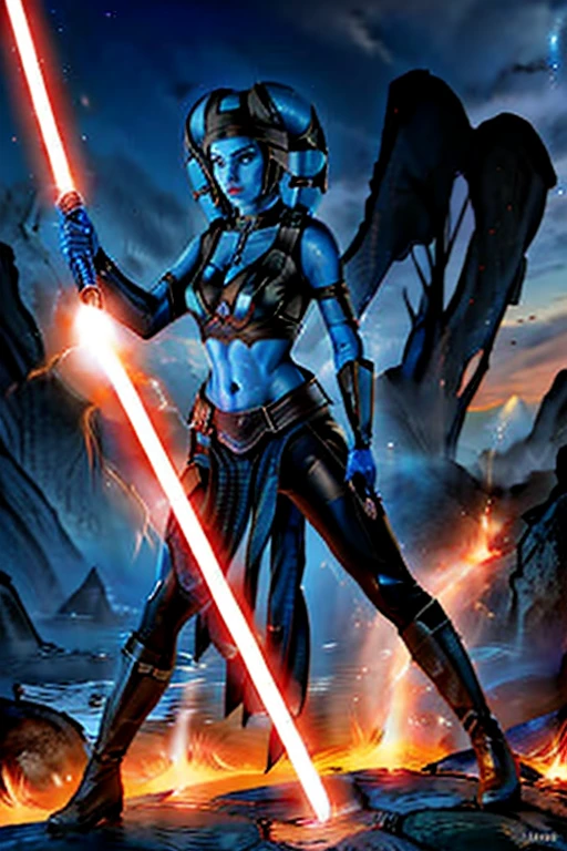 angry aayla secura Twilek dressed in sthoutfit,on lava,blond hair,holding lightsaber
