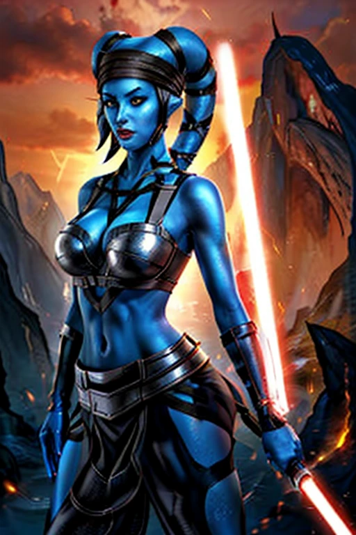 angry aayla secura Twilek dressed in sthoutfit,on lava,blond hair,holding lightsaber