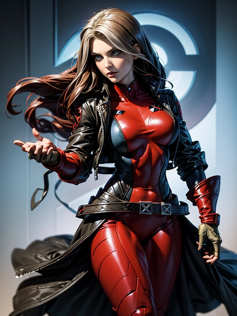 Ali Larter、masterpiece、High quality 4K、villain (X-Men)、Gothic Girl、Sculpted Body Gothic Makeup、Black jacket、Red and blue bodysuit、masterpiece、highest quality、Cowboy Shots、one personの女の子、one person、Technology Military Bodysuit、fringe