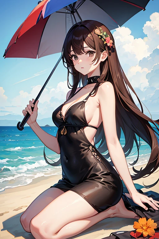 masterpiece, highest quality, High resolution,Follow the prompts、Anime Style、Brown Hair、Long Hair、black eye、Under the beach umbrella