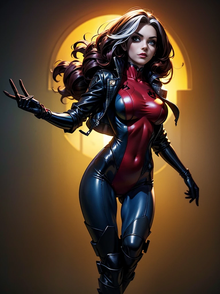 Michelle Rodriguez、masterpiece、High quality 4K、villain (X-Men)、Gothic Girl、Sculpted Body Gothic Makeup、Black jacket、Red and blue bodysuit、masterpiece、highest quality、Cowboy Shots、one personの女の子、one person、Technology Military Bodysuit、fringe