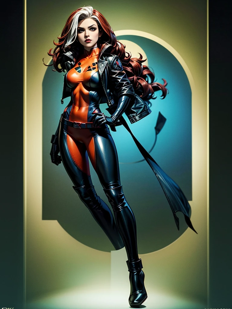 Michelle Rodriguez、masterpiece、High quality 4K、villain (X-Men)、Gothic Girl、Sculpted Body Gothic Makeup、Black jacket、Red and blue bodysuit、masterpiece、highest quality、Cowboy Shots、one personの女の子、one person、Technology Military Bodysuit、fringe
