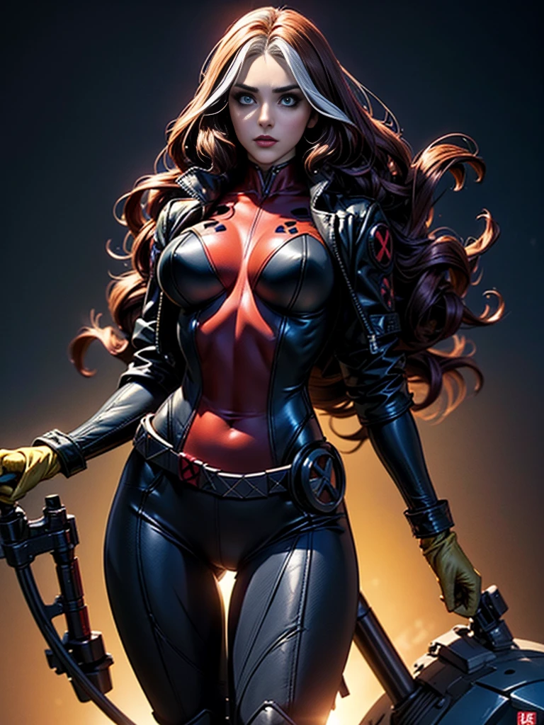 Eliza Dushku、masterpiece、High quality 4K、villain (X-Men)、Gothic Girl、Sculpted Body Gothic Makeup、Black jacket、Red and blue bodysuit、masterpiece、highest quality、Cowboy Shots、one personの女の子、one person、Technology Military Bodysuit、fringe