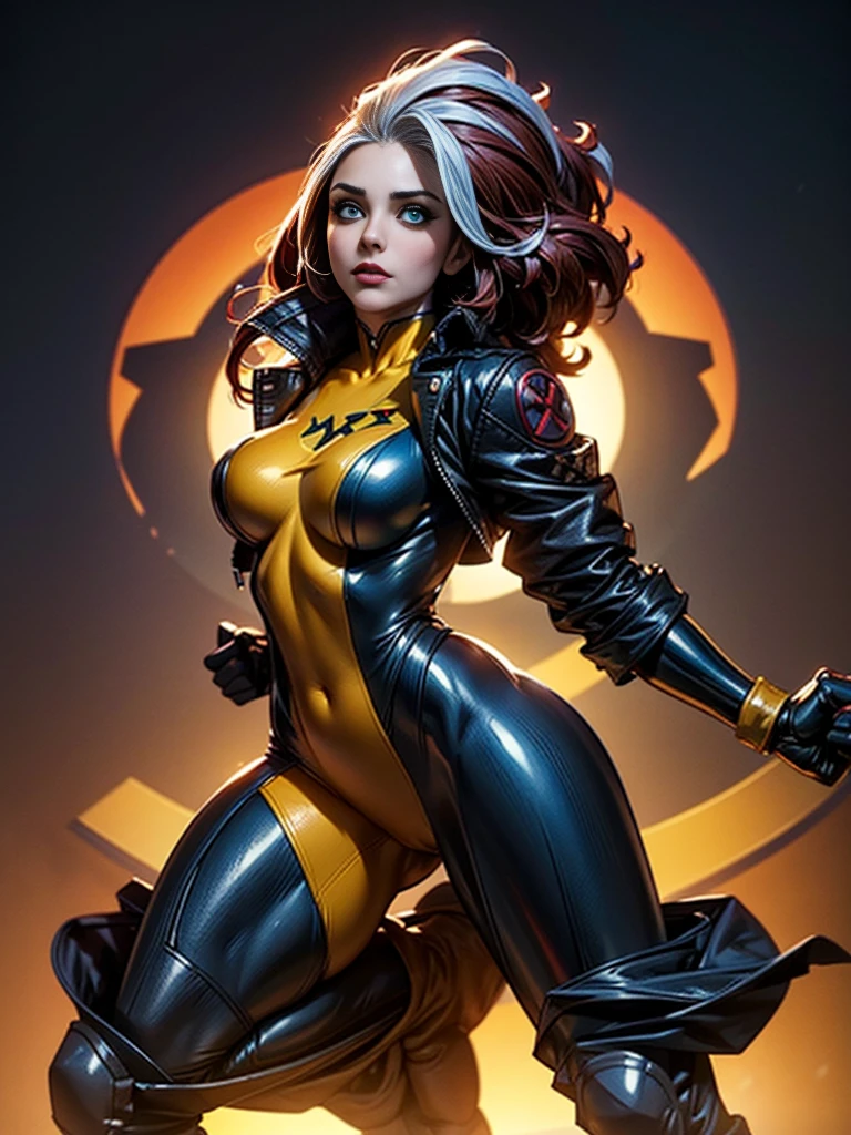 Eliza Dushku、masterpiece、High quality 4K、villain (X-Men)、Gothic Girl、Sculpted Body Gothic Makeup、Black jacket、Red and blue bodysuit、masterpiece、highest quality、Cowboy Shots、one personの女の子、one person、Technology Military Bodysuit、fringe