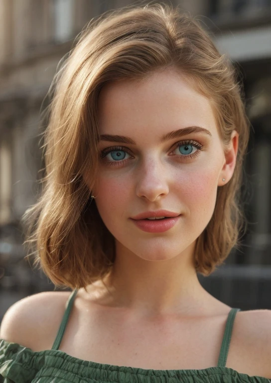 "A selfie photo of a beautiful young 18 years old brunette woman taken with an iPhone camera, captured in medium lighting. The woman has a trendy medium hairstyle. The woman is wearing a short skirt and a crop top which gives a slightly sexy posture. The image has a slightly grainy texture, reminiscent of film photography, adding a vintage touch. The overall quality is medium. The composition showcases the woman's confident pose and radiant smile. The soft and subtle shadows enhance her facial features, highlighting her expressive green eyes, delicate nose, and luscious lips. Her eyes are particularly detailed and captivating, with long, voluminous eyelashes. The background provides a pleasant parisian setting, complementing the subject's charm. The color palette features vibrant hues. The lighting accentuates her beauty and creates a warm atmosphere. The resulting image has a realistic and photorealistic feel, capturing the true essence of the young woman's beauty. The medium used to create this artwork is digital photography, specifically through an iPhone camera. The blend of technology and artistic expression results in a visually appealing and captivating depiction. The image is a masterpiece when it comes to both quality and aesthetics, with a resolution suitable for high-definition displays, such as 4K or 8K. Additionally, the description highlights the importance of ultra-detailed features, such as the girl's eyes and face. The final output achieves a professional and vivid portrayal, with sharp focus, vivid colors, and studio-like lighting. The prompt successfully captures the essence of a medium-quality selfie photo of a gorgeous young woman, taken with an iPhone camera, with a touch of artistic flair and vintage charm."