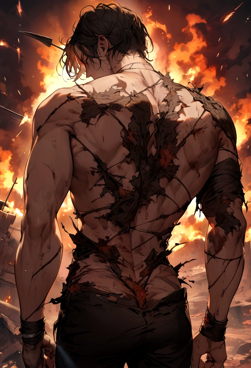 male , injured all over his body, with an arrow stuck in his back, torn clothes