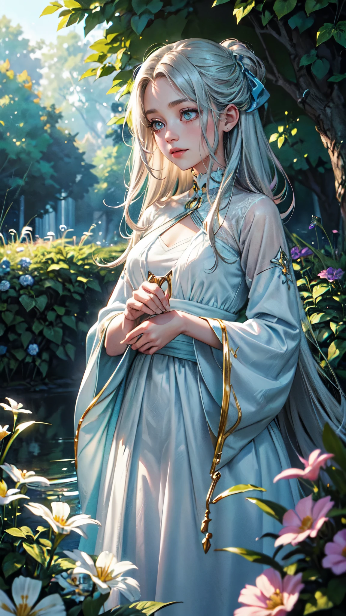A girl with long, silvery hair wearing a blue and white outfit, holding a glowing bow and arrow, standing in a vibrant garden filled with colorful flowers and lush green trees. Her beautiful detailed eyes are bright blue, reflecting wisdom and determination. Lumine's lips are soft and pink, giving her a gentle and friendly smile. The garden is bathed in golden sunlight, casting warm rays of light on the girl and the surroundings. The overall image is of the highest quality, with impeccable details and stunning realism. The scene has a dreamlike quality, with soft and pastel colors creating a sense of tranquility. The lighting is soft and diffused, creating a warm and inviting atmosphere. The artwork is reminiscent of a digital illustration, with vibrant colors and sharp focus. The art style is influenced by the fantasy genre, with elements of whimsy and magic. The colors are soft and muted, with a slight blue tint to enhance the ethereal feel. The lighting is natural, with gentle shadows and highlights that add depth and dimension to the scene. This prompt captures the essence of Lumine from Genshin Impact, bringing her to life in a beautiful and captivating garden setting., detailed face, detailed yes, detailed hands\