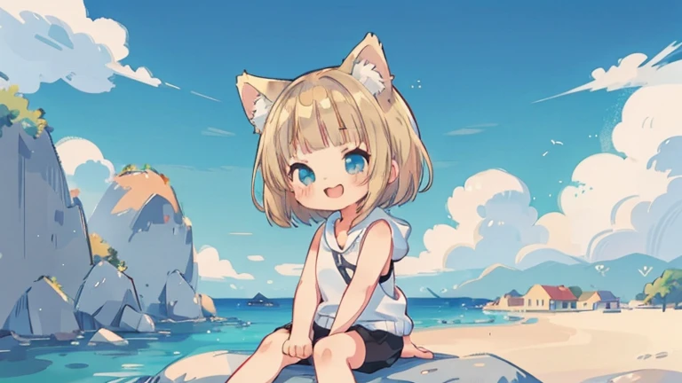Chibi、Please straighten your bangs、smile、((masterpiece)), ((highest quality)), (anime:1.3), (RAW Photos:1.2),(High resolution:1.3), (Professional photography:1.4), (()), 8k, Shiny skin, Cinema Lighting, One girl, Wide Shot, (Knitted fabric tank top), (Cute innocent teenage girllender body, Small breasts, shiny medium hair, (Loose bangs), ((:3)), Open your mouth, Bare your fangs, look up, (いたずらなsmile), Beautiful clavicle, (slightly exposed shoulders), (Dog Ears), Hair blowing in the wind, break, ((highest quality)), (Sitting in Dubrovnik, Croatia), Summer day,Double Exposure、Blonde Hair、short hair、Turquoise Eyes、White hoodie、Black hot pants、Black sneakers,Please straighten your bangs、She has cat ears of the same color as her hair.