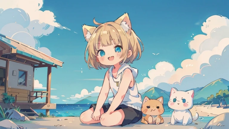 Chibi、Please straighten your bangs、smile、((masterpiece)), ((highest quality)), (anime:1.3), (RAW Photos:1.2),(High resolution:1.3), (Professional photography:1.4), ((12 years old)), 8k, Shiny skin, Cinema Lighting, One girl, Wide Shot, (Knitted fabric tank top), (Cute innocent teenage girl), Slender body, Small breasts, shiny medium hair, (Loose bangs), ((:3)), Open your mouth, Bare your fangs, look up, (いたずらなsmile), Beautiful clavicle, (slightly exposed shoulders), (Dog Ears), Hair blowing in the wind, break, ((highest quality)), (Sitting in Dubrovnik, Croatia), Summer day,Double Exposure、Blonde Hair、short hair、Turquoise Eyes、White hoodie、Black hot pants、Black sneakers,Please straighten your bangs、She has cat ears of the same color as her hair.