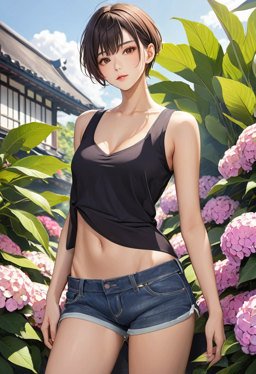 (best quality), realistic, hydrangea, garden, Japanese idol boy, (abs:1.3), black short hair, tanned dark skin, (detailed brown eyes), (smile:0.8), (black tiny thong), (bulge),