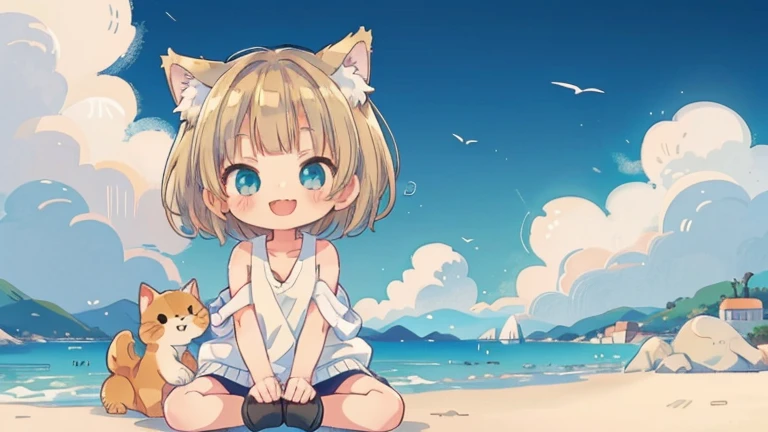 Chibi、Please straighten your bangs、smile、((masterpiece)), ((highest quality)), (anime:1.3), (RAW Photos:1.2),(High resolution:1.3), (Professional photography:1.4), ((12 years old)), 8k, Shiny skin, Cinema Lighting, One girl, Wide Shot, (Knitted fabric tank top), (Cute innocent teenage girl), Slender body, Small breasts, shiny medium hair, (Loose bangs), ((:3)), Open your mouth, Bare your fangs, look up, (いたずらなsmile), Beautiful clavicle, (slightly exposed shoulders), (Dog Ears), Hair blowing in the wind, break, ((highest quality)), (Sitting in Dubrovnik, Croatia), Summer day,Double Exposure、Blonde Hair、short hair、Turquoise Eyes、White hoodie、Black hot pants、Black sneakers,Please straighten your bangs、She has cat ears of the same color as her hair.