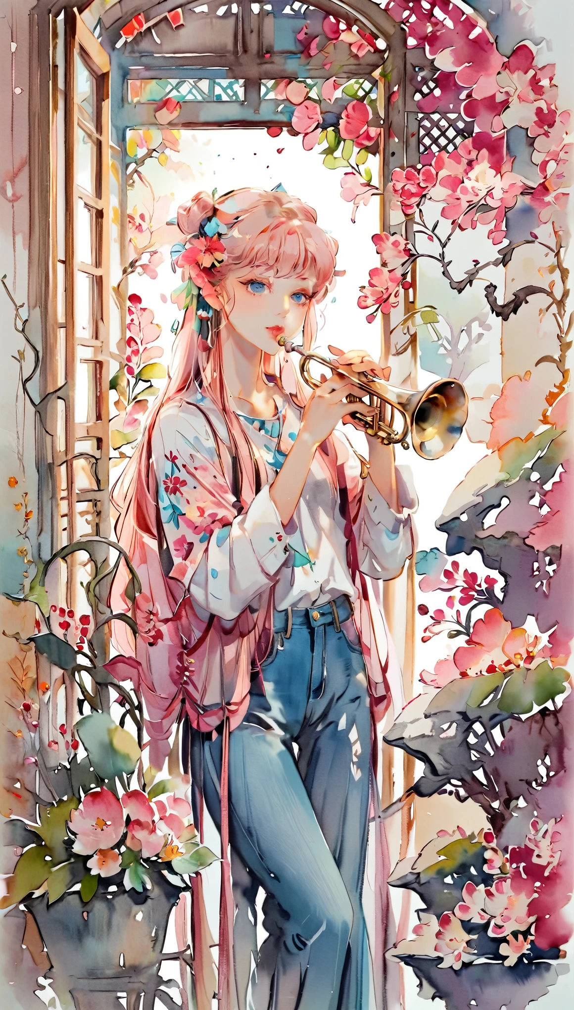 (((paper cutting style))), 1 girl, long pink hair, straight hair, twin tail, playing trumpet, portfolio, shirts, denim