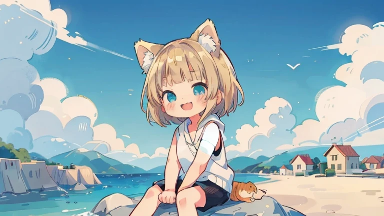 Chibi、Please straighten your bangs、smile、((masterpiece)), ((highest quality)), (anime:1.3), (RAW Photos:1.2),(High resolution:1.3), (Professional photography:1.4), (()), 8k, Shiny skin, Cinema Lighting, One girl, Wide Shot, (Knitted fabric tank top), (Cute innocent teenage girllender body, Small breasts, shiny medium hair, (Loose bangs), ((:3)), Open your mouth, Bare your fangs, look up, (いたずらなsmile), Beautiful clavicle, (slightly exposed shoulders), (Dog Ears), Hair blowing in the wind, break, ((highest quality)), (Sitting in Dubrovnik, Croatia), Summer day,Double Exposure、Blonde Hair、short hair、Turquoise Eyes、White hoodie、Black hot pants、Black sneakers,Please straighten your bangs、She has cat ears of the same color as her hair.