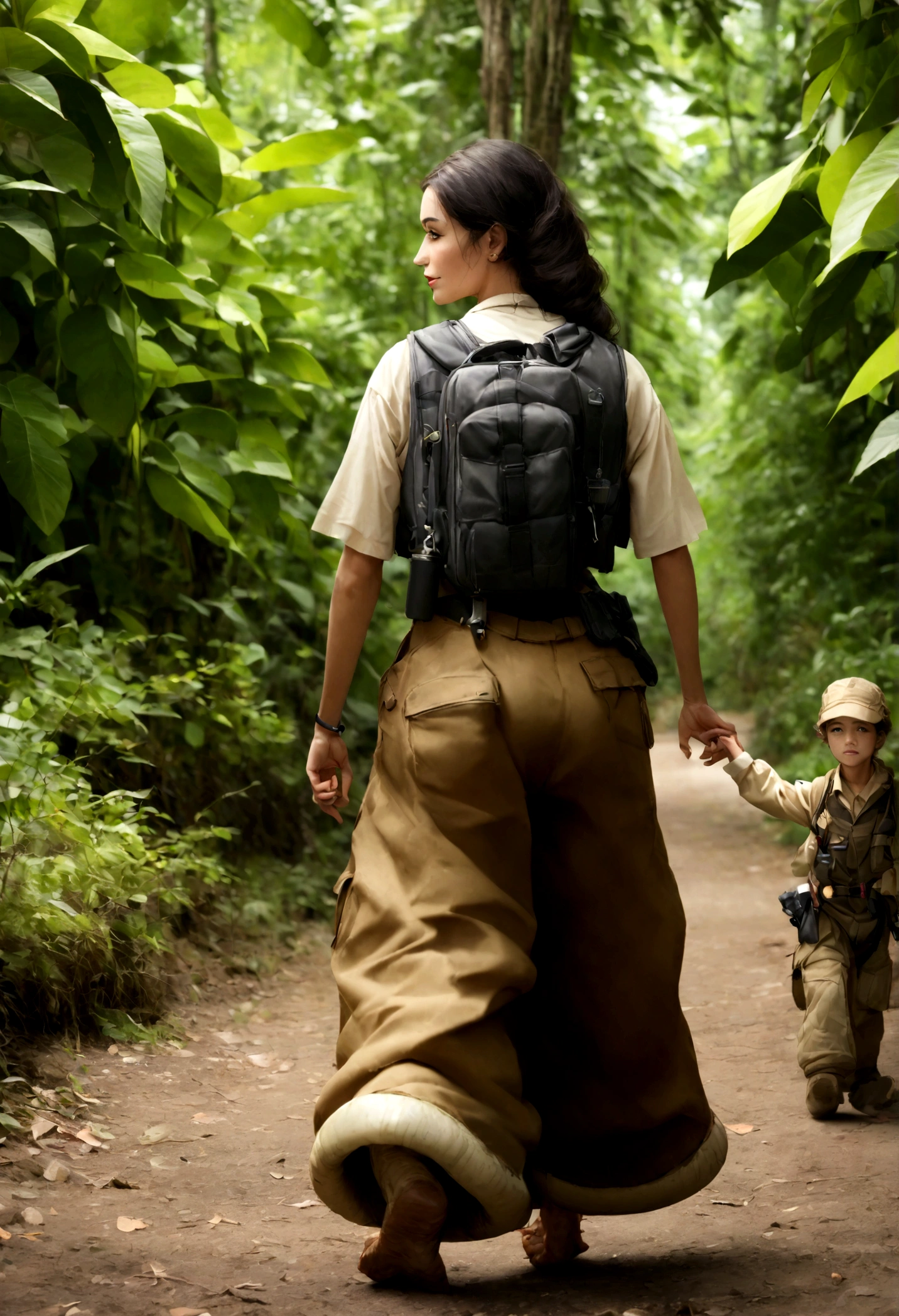 realistic photo of a (pretty girl, 21 years old, brunette, black eyes), (full lips) at jungle with her dinosaur friend, ((perfect face)), [[mild smile]] proportionate body,mixed herritage, beautyfull, beautyfull face, tanned skin, two arms, two legs, five fingers by hand, (curly black long hair), full body, explorer outfit, baggy pants, reinforced vest with pockets, utilities belt with holster, she has got a medical kit, two legged velocirraptor-like Dinosuaur with her, dinosaur walking aside her, the dinosaur and the girl, dinosaur follows the girl tammed dinosaur, dinosaur is tall as the girl dinosaur have two feet on ground, dinosaur walking, jungle into an extint volcano, [photo taken from back], (award winning photo), (instagram influencer photo), (realistic), nikon, canon, Sigma 85mm f/8
