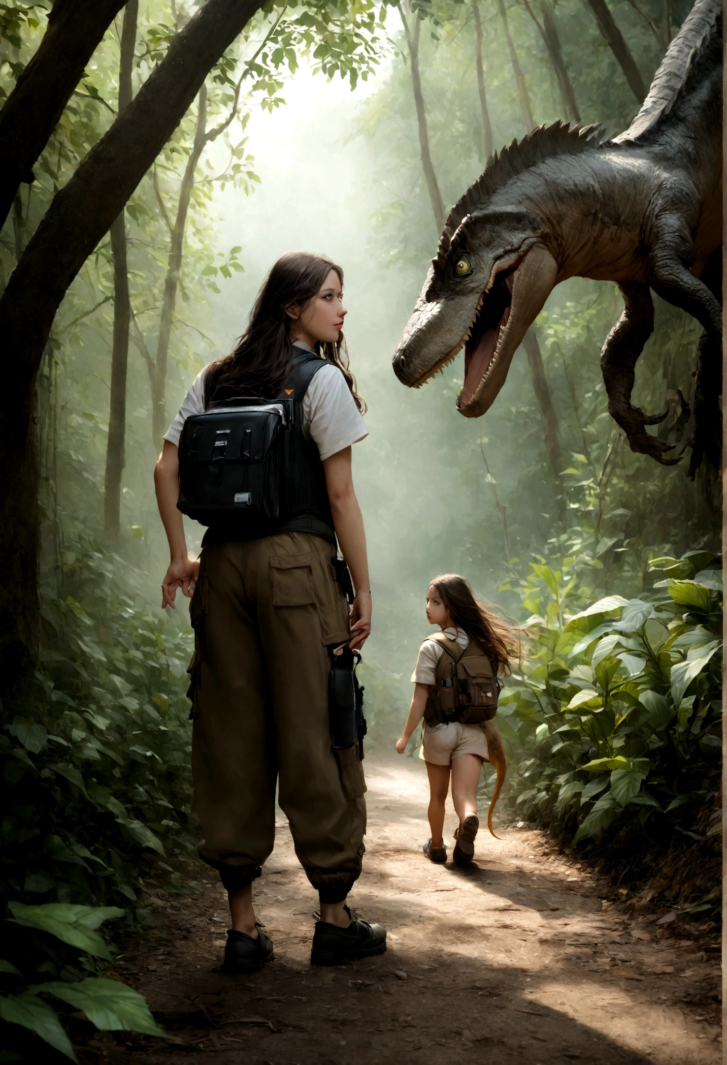 realistic photo of a (pretty girl, 21 years old, brunette, black eyes), (full lips) at jungle with her dinosaur friend, ((perfect face)), [[mild smile]] proportionate body,mixed herritage, beautyfull, beautyfull face, tanned skin, two arms, two legs, five fingers by hand, (curly black long hair), full body, explorer outfit, baggy pants, reinforced vest with pockets, utilities belt with holster, she has got a medical kit, two legged velocirraptor-like Dinosuaur with her, dinosaur walking aside her, the dinosaur and the girl, dinosaur follows the girl tammed dinosaur, dinosaur is tall as the girl dinosaur have two feet on ground, dinosaur walking, jungle into an extint volcano, [photo taken from back], (award winning photo), (instagram influencer photo), (realistic), nikon, canon, Sigma 85mm f/8
