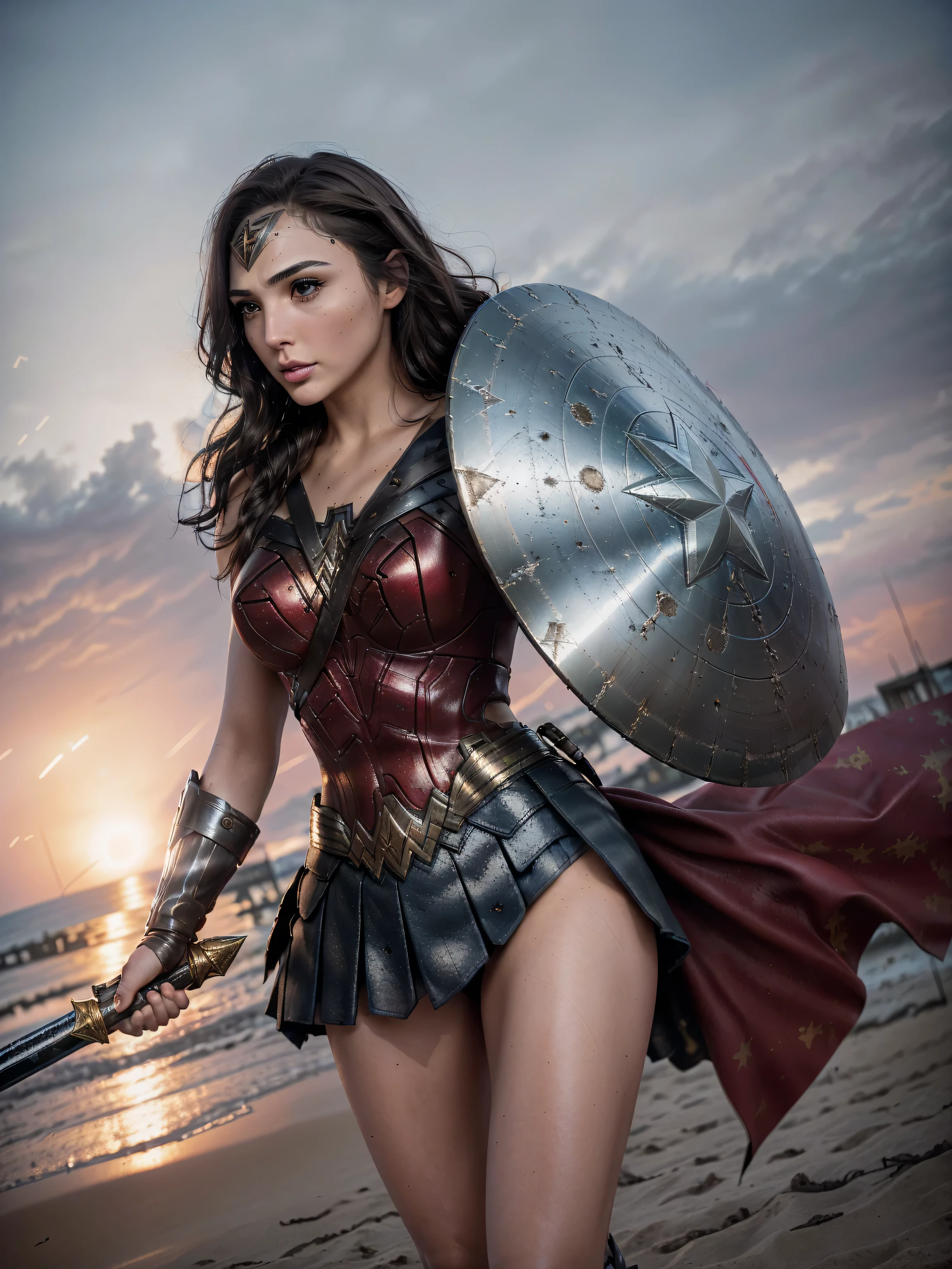 photorealistic Realism 8K, 16K, Quality: (Hyper absurd quality, extremely detailed detail, hyper resolution, clear sharp focus, not blurry, Realistic brown_eyes), ((perfect dark_eyeshadows:1.45)), (super Detailed, beautiful little nose:1.2), (perfect composition), Gal Gadot as (Wonder Woman cosplay), incredibly similar to the original outfit from the WW movie, dynamic stance, face focused on the target in the distance, ready to fight, beautiful cheekbones, double eyelids, dslr, best high quality soft lighting, sharp focus captured by Fujifilm XT3, f 5.6, in a dramatic lighting, ((perfect composition)), ((pale skin)), ((dry skin)), ((clear and detailed scene from the open battlefield of World War II fighting on the beach in NORMANDY, ((scene of death, many killed in battle, explosion, big explosion in the background, darkness, flashes in the sky))), ultra absurd details quality:1.3), (((With the heavenly power of the ancient Thunder God, holds a long one-handed sword and a large Captain America shield:1.4)), ((luxury leather Wonder Woman Cosplay:1.4), ultra absurd details quality), ((with Red pleated mini skirt:1.25))