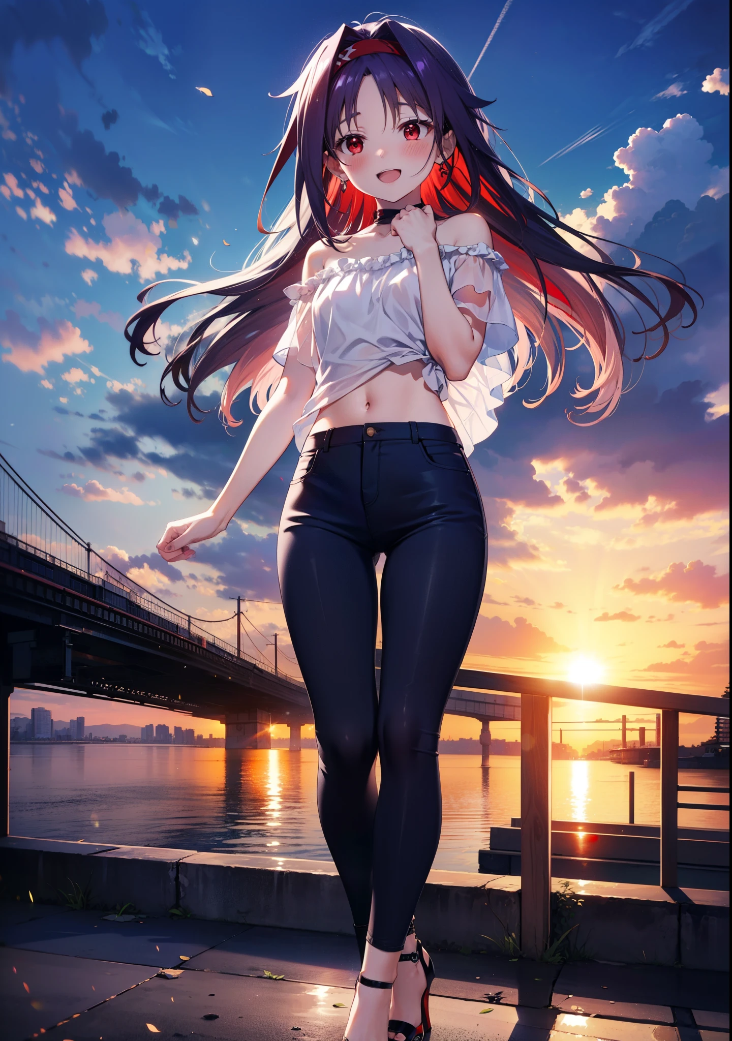 yuukikonno, Konno Yuuki, hair band, Long Hair, Pointed Ears, Purple Hair, (Red eyes:1.5), (Small breasts:1.2), Open your mouth,
blush,happy smile, smile, Open your mouth,Cold shoulder top,Short sleeve,skinny pants,Stiletto heels,morning,morning陽,The sun is rising,whole bodyがイラストに入るように,Walking,
break looking at viewer, whole body,
break outdoors, Building district,
break (masterpiece:1.2), highest quality, High resolution, unity 8k wallpaper, (figure:0.8), (Beautiful fine details:1.6), Highly detailed face, Perfect lighting, Highly detailed CG, (Perfect hands, Perfect Anatomy),