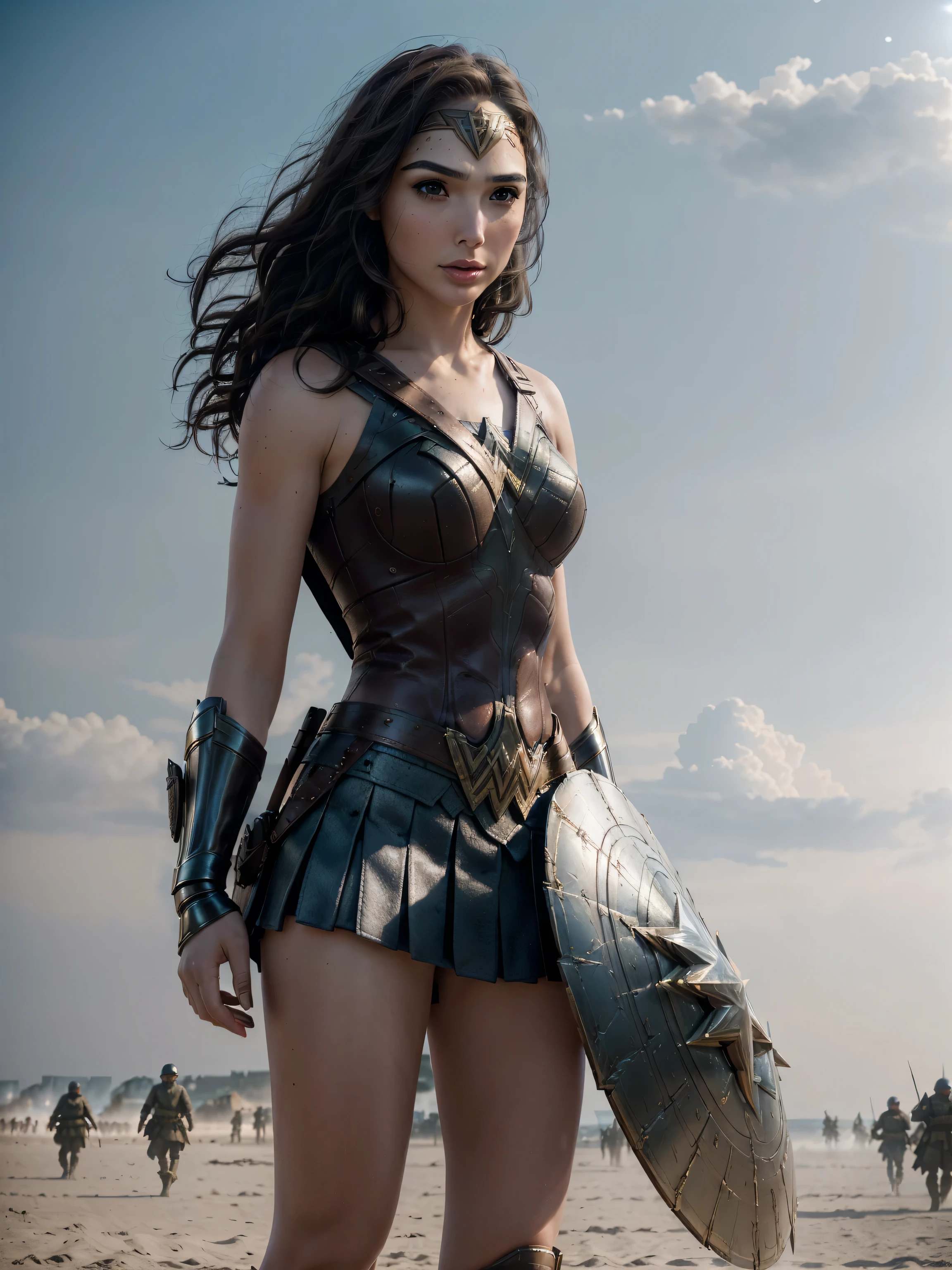 photorealistic Realism 8K, 16K, Quality: (Hyper absurd quality, extremely detailed detail, hyper resolution, clear sharp focus, not blurry, Realistic brown_eyes), ((perfect dark_eyeshadows:1.45)), (super Detailed, beautiful little nose:1.2), (perfect composition), Gal Gadot as (Wonder Woman cosplay), incredibly similar to the original outfit from the WW movie, dynamic stance, face focused on the target in the distance, ready to fight, beautiful cheekbones, double eyelids, dslr, best high quality soft lighting, sharp focus captured by Fujifilm XT3, f 5.6, in a dramatic lighting, ((perfect composition)), ((pale skin)), ((dry skin)), ((clear and detailed scene from the open battlefield of World War II fighting on the beach in NORMANDY, ((scene of death, many killed in battle, explosion, big explosion in the background, darkness, flashes in the sky))), ultra absurd details quality:1.3), (((With the heavenly power of the ancient Thunder God, holds a long one-handed sword and a large Captain America shield:1.4)), ((luxury leather Wonder Woman Cosplay:1.4), ultra absurd details quality), ((with Red pleated mini skirt:1.25))