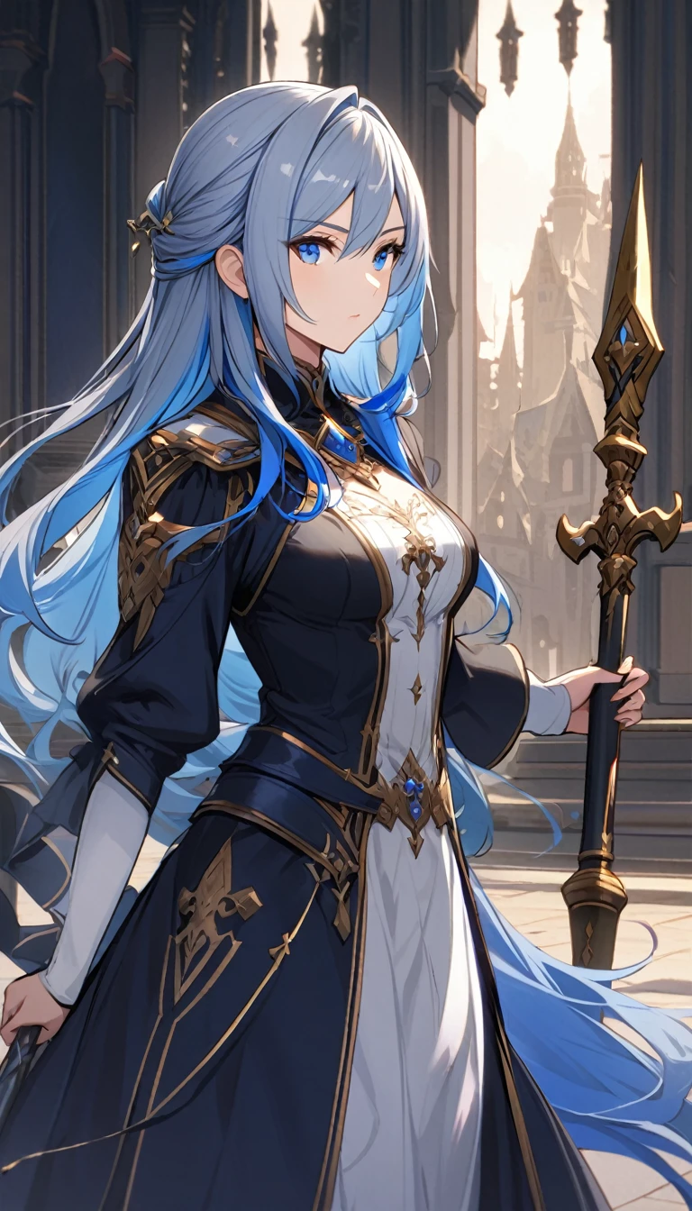 1lady,noble,(blue hair)|(gray hair)0.5,long hair,blue eyes,medium breasts,fantasy,holding spear,