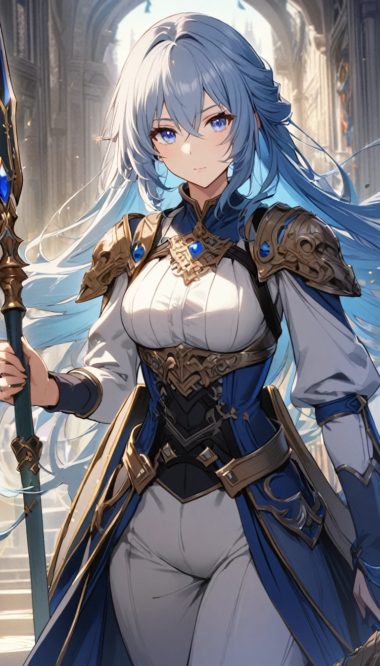 1lady,noble,(blue hair)|(gray hair)0.5,long hair,blue eyes,medium breasts,fantasy,holding spear,