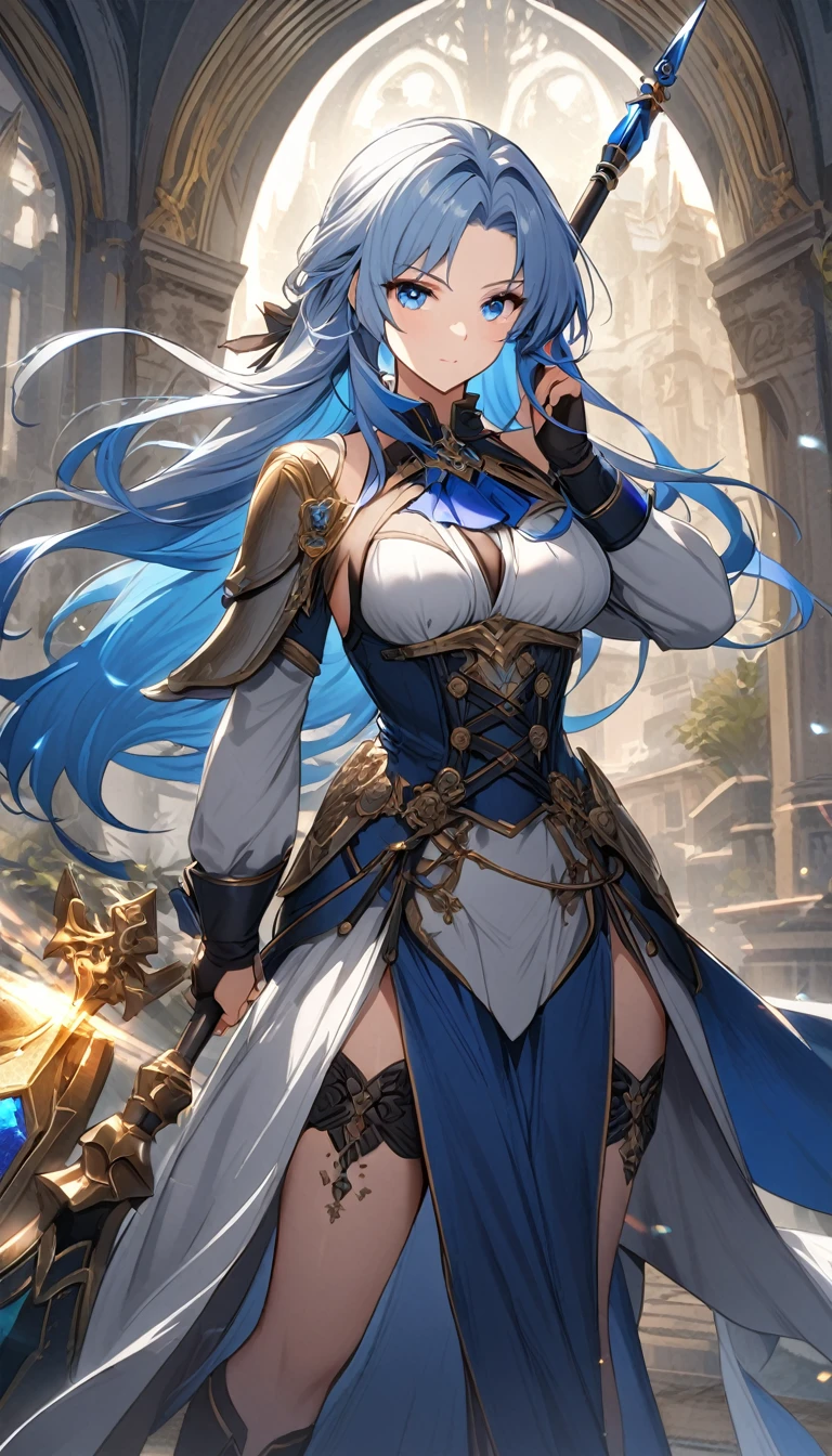 1lady,noble,(blue hair)|(gray hair)0.5,long hair,blue eyes,medium breasts,fantasy,holding spear,