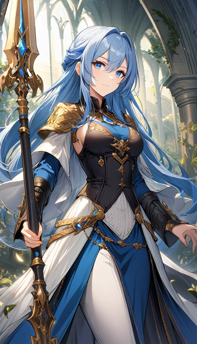 1lady,noble,(blue hair)|(gray hair)0.5,long hair,blue eyes,medium breasts,fantasy,holding spear,