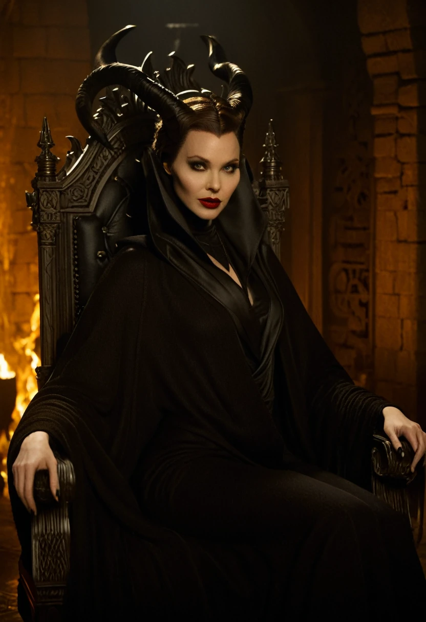 Masterpiece, best quality, detailed face, perfect eyes, Maleficent, black cowl, demon horns, throne behind her, looking at viewer, Sitting on a dark Throne chair. Behind her. In a dark throne room