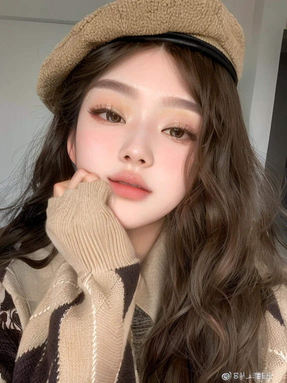 arafed woman with long hair wearing a hat and sweater, ulzzang, with brown hair, sakimichan, popular south korean makeup, popular korean makeup, young adorable korean face, with long hair, wan adorable korean face, 8k selfie photograph, with cute - fine - face, girl cute-fine-face, 19-year-old girl