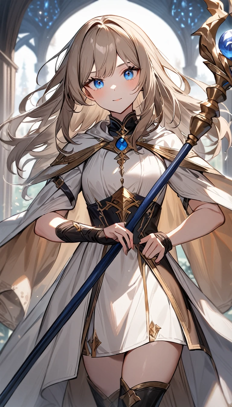 ((best quality)), ((highly detailed)), masterpiece, ((official art)), (detailed eyes, deep eyes), (1girl:1.33, solo), <lora:whiteMageFashion_v10:.2>, whm_glam, wearing whm_glam, (wearing ffxiv white mage robes with golden embroidery), (holding a golden magic staff that emanates light:1.235)