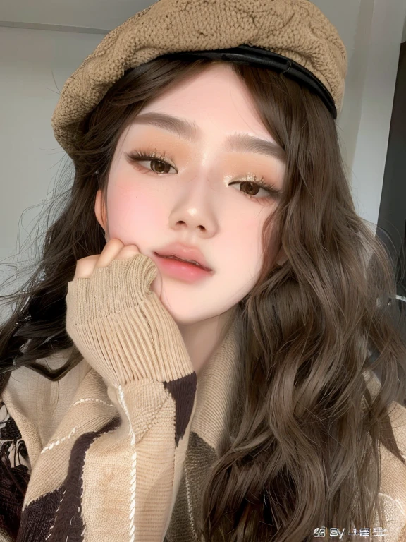 arafed woman with long hair wearing a hat and sweater, ulzzang, with brown hair, sakimichan, popular south korean makeup, popular korean makeup, young adorable korean face, with long hair, wan adorable korean face, 8k selfie photograph, with cute - fine - face, girl cute-fine-face, 19-year-old girl