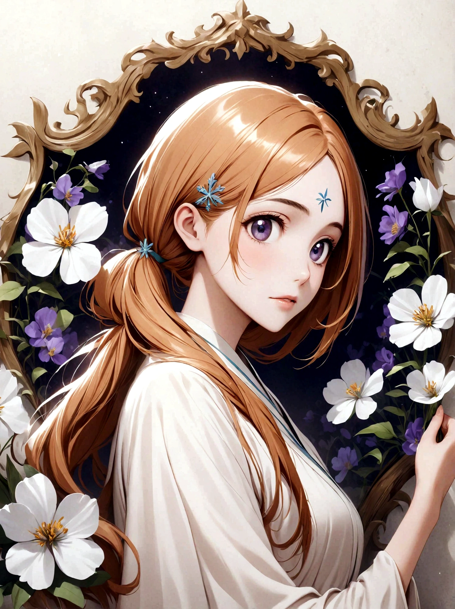 1girl, Inoue Orihime, bleach, Light blond hair, wavy ponytail, dark purple eyes, fair skin, soft face, school uniform, white kimono-style robe, red decoration, simple accessories, elegant temperament, kind, optimistic, selfless, healing ability, Shield Shun Six Flowers, forehead mark, six petals, Very aesthetic, illustration, perfect composition, moist skin, intricate details