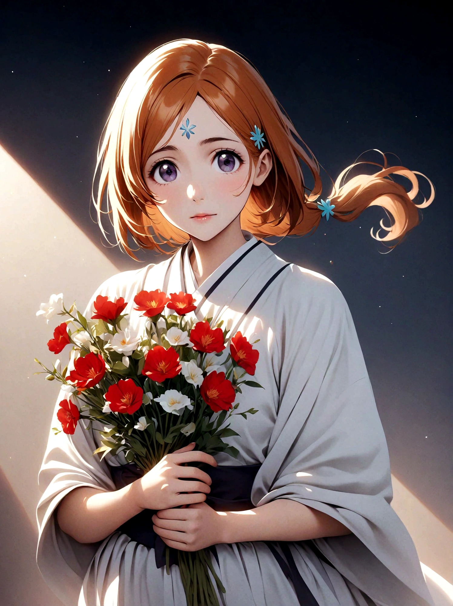 1girl, Inoue Orihime, bleach, Light blond hair, wavy ponytail, dark purple eyes, fair skin, soft face, school uniform, white kimono-style robe, red decoration, simple accessories, elegant temperament, kind, optimistic, selfless, healing ability, Shield Shun Six Flowers, forehead mark, six petals, Very aesthetic, illustration, perfect composition, moist skin, intricate details