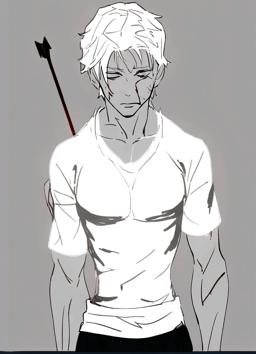 male , injured all over his body, with an arrow stuck in his back, torn clothes
