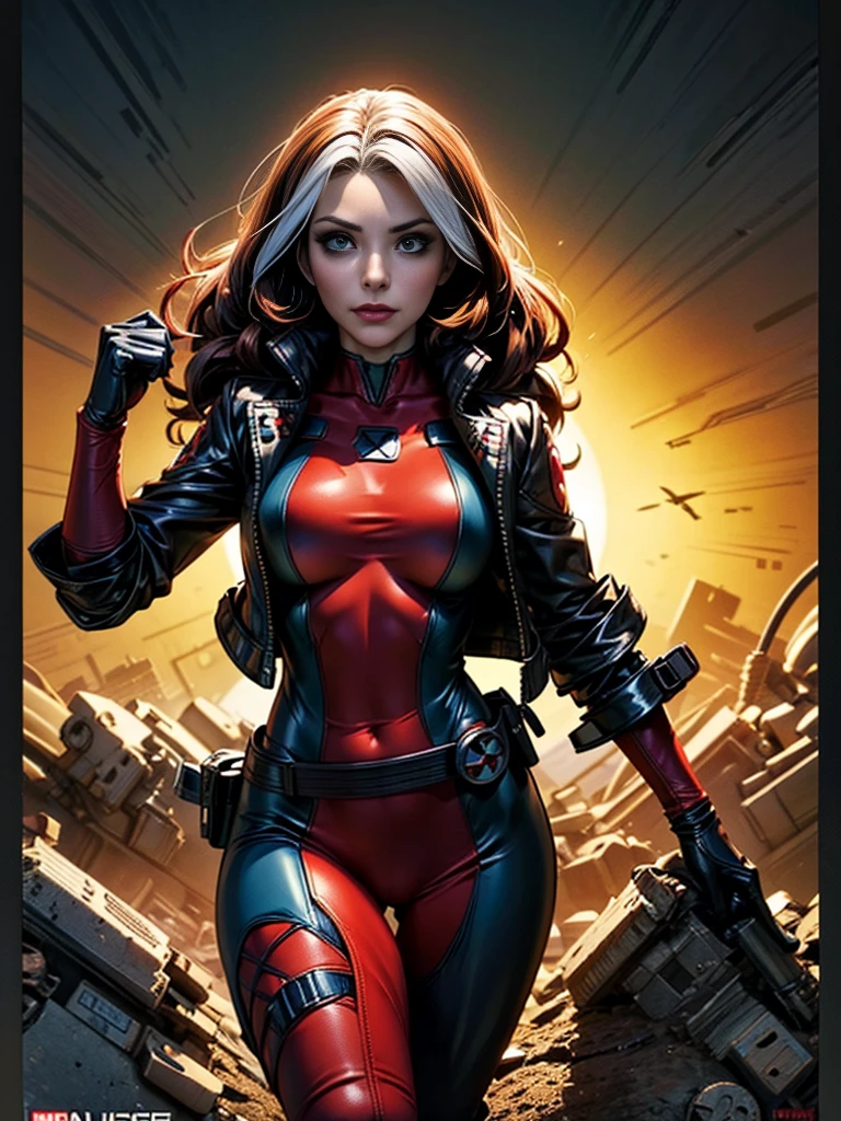 Evangeline Lilly、masterpiece、High quality 4K、villain (X-Men)、Gothic Girl、Sculpted Body Gothic Makeup、Black jacket、Red and blue bodysuit、masterpiece、highest quality、Cowboy Shots、one personの女の子、one person、Technology Military Bodysuit、fringe