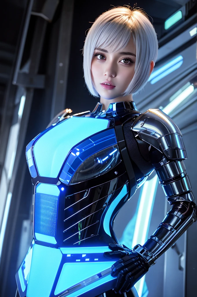 Android cyborg girl Asian very short hair silver full body