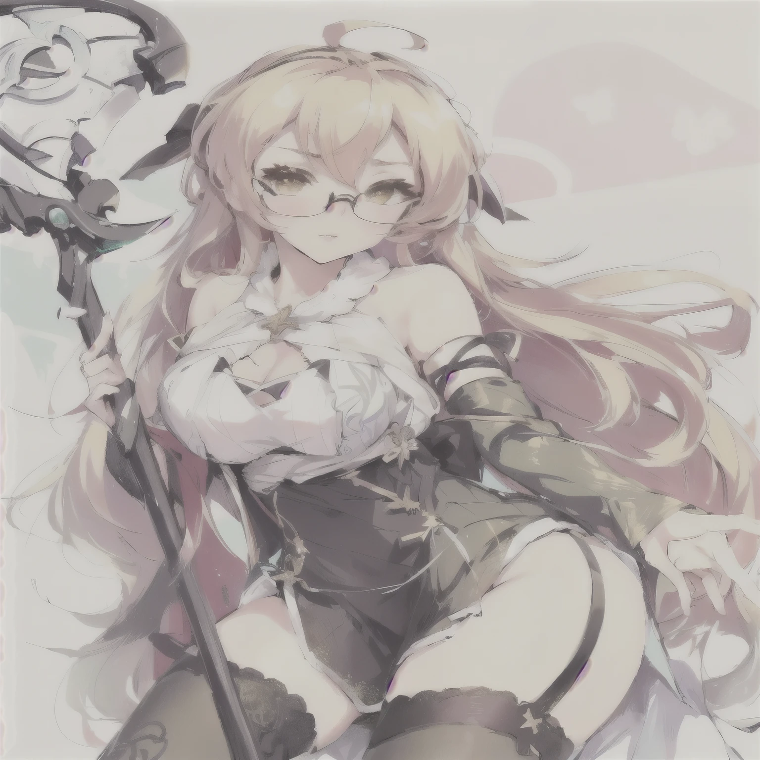 a closeup of a woman with a scythe and a sword, , en vestido, Anime de arte salpicado , lindo anime waifu con un bonito vestido, (chica anime), beautiful chica anime, visual anime de una linda chica, chica anime with long hair, diosa del anime, hermosa criada, ahegao, cute chica anime, chica alquimista, CON LENTES