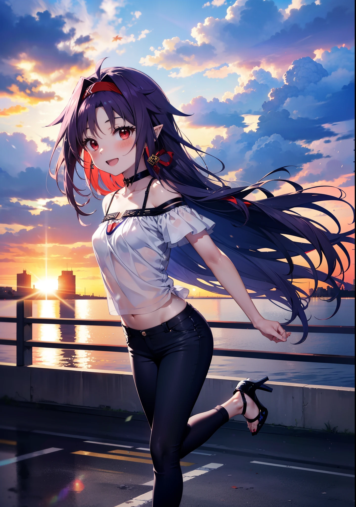 yuukikonno, Konno Yuuki, hair band, Long Hair, Pointed Ears, Purple Hair, (Red eyes:1.5), (Small breasts:1.2), Open your mouth,
blush,happy smile, smile, Open your mouth,Cold shoulder top,Short sleeve,skinny pants,Stiletto heels,morning,morning陽,The sun is rising,whole bodyがイラストに入るように,Walking,
break looking at viewer, whole body,
break outdoors, Building district,
break (masterpiece:1.2), highest quality, High resolution, unity 8k wallpaper, (figure:0.8), (Beautiful fine details:1.6), Highly detailed face, Perfect lighting, Highly detailed CG, (Perfect hands, Perfect Anatomy),
