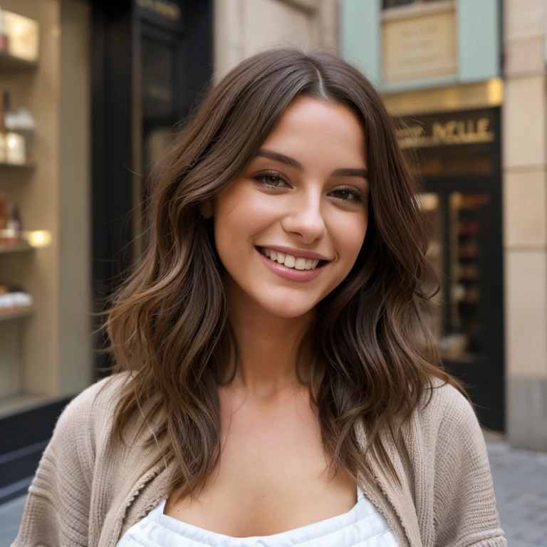 tenue robe , marche dans les rues de Madrid, Complex and detailed, 24 ans, smiling expression Long wavy hair, yeux marrons, high resolution, chef-d'artwork, Best quality, very detailed, Sharpness, Textured skin, Realistic skin texture, detailed eyes, professionnel, 4k, Sourire charmant, captured on Canon, 50 millimeters, faible profondeur de champ, Kodak Vision Couleur, tenue traditionnelle superbement ajustée, Extremely detailed, photoRealistic, Realistic, Post-traitement, Maximum details, roughness, la vraie vie, ultra-Realistic, photorealism, la photographie, 8K UHD