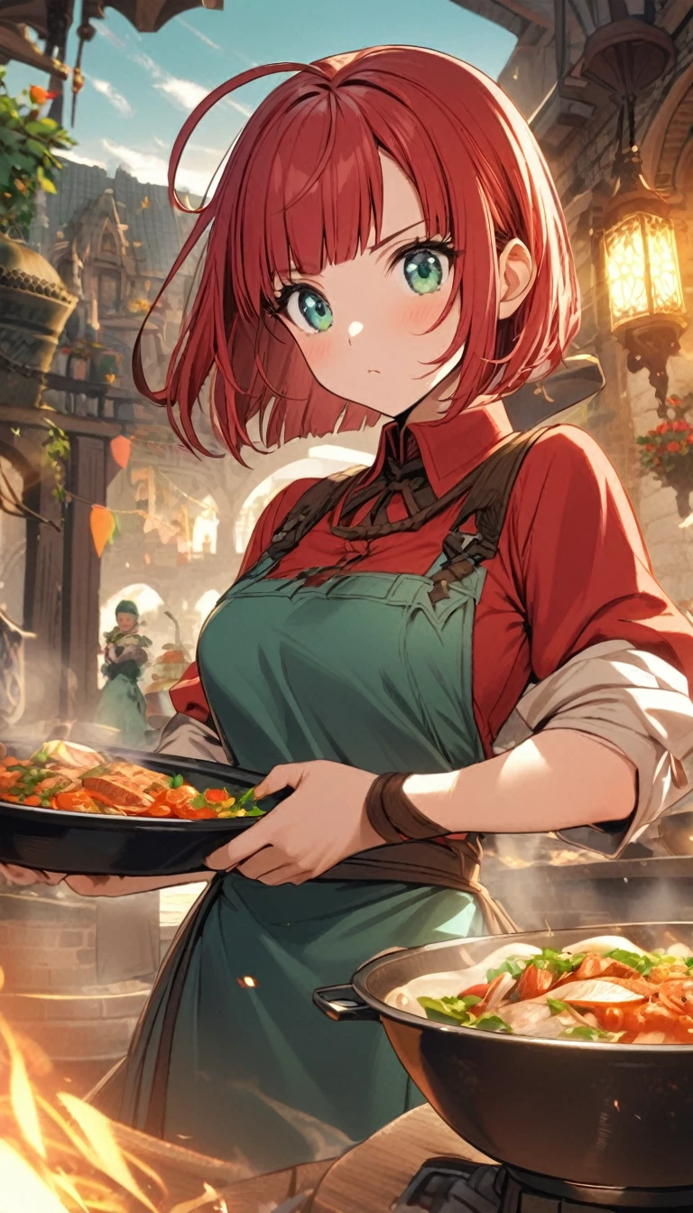 1girl,rubyred hair,bowlcut hair,half circle ahoge,blue green eyes,fantasy,cook