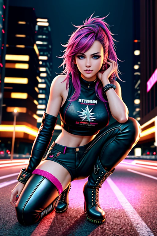 beautiful girl, full body, short bright blue and magenta streaked dishevelled hair, large blue piercing eyes, black eyeshadow, (street style wear:1.2), ((tight fitted pants)), ((knee high leather boots)), (city night background:1.2), dark makeup, digital art, trending on artstation, highly detailed, fine detail, intricate,  beautiful detailed glow, detailed, Cinematic light, high-res, detailed facial features, sharp focus, smooth, aesthetic, Cinematic, Hyper-detailed, insane details, Beautifully color graded, Unreal Engine, DOF, Super-Resolution, Megapixel, Cinematic Lightning, Anti-Aliasing, FKAA, TXAA, RTX, SSAO, Post Processing, Post Production, Tone Mapping, CGI, VFX, SFX, Insanely detailed and intricate, Hyper maximalist, Hyper realistic, Volumetric, Photorealistic, ultra photoreal, ultra-detailed, intricate details, 8K, Super detailed, Full color, Volumetric lightning, HDR, Realistic, Unreal Engine, 16K, Sharp focus, octane render --v testp