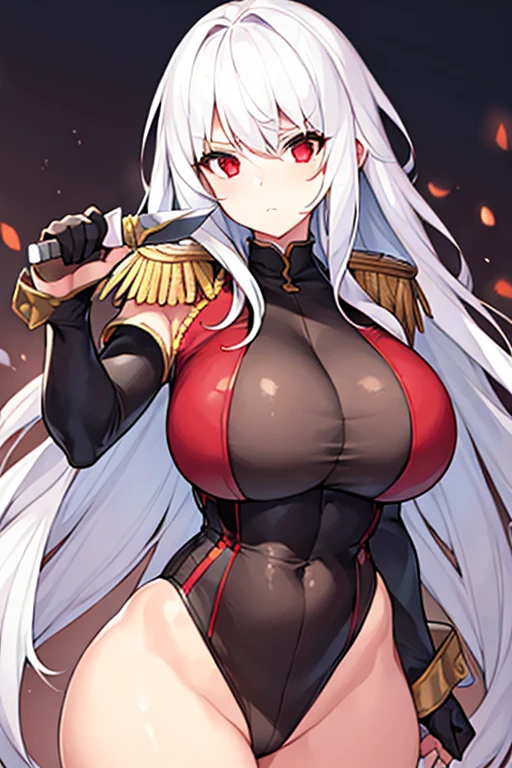 1girl, white hair, large breasts, thick thighs, leotard, knife, red eyes, black leotard, epaulettes, mature female, milf, toned, athletic female, standing