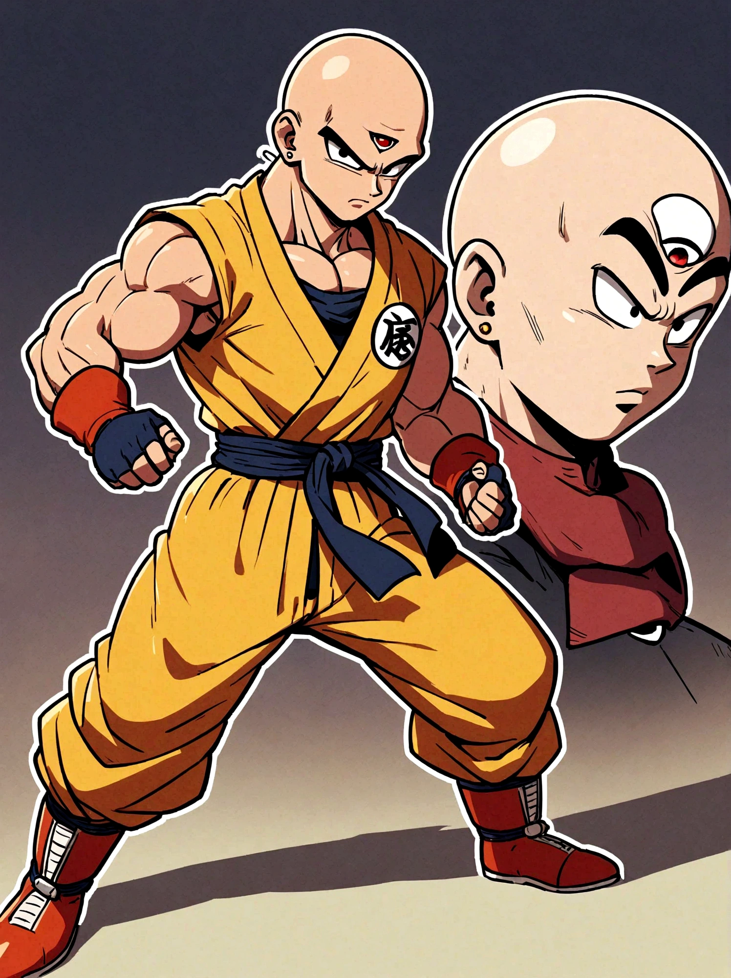 1boy, Dragon Ball, Tien Shinhan, Martial artist, lean muscles, bald head, piercing eyes, third eye, telepathy, telekinesis, red and yellow uniform, sleeveless turtleneck, yellow pants, red boots, fingerless gloves, distinctive logo belt, earrings, elegant