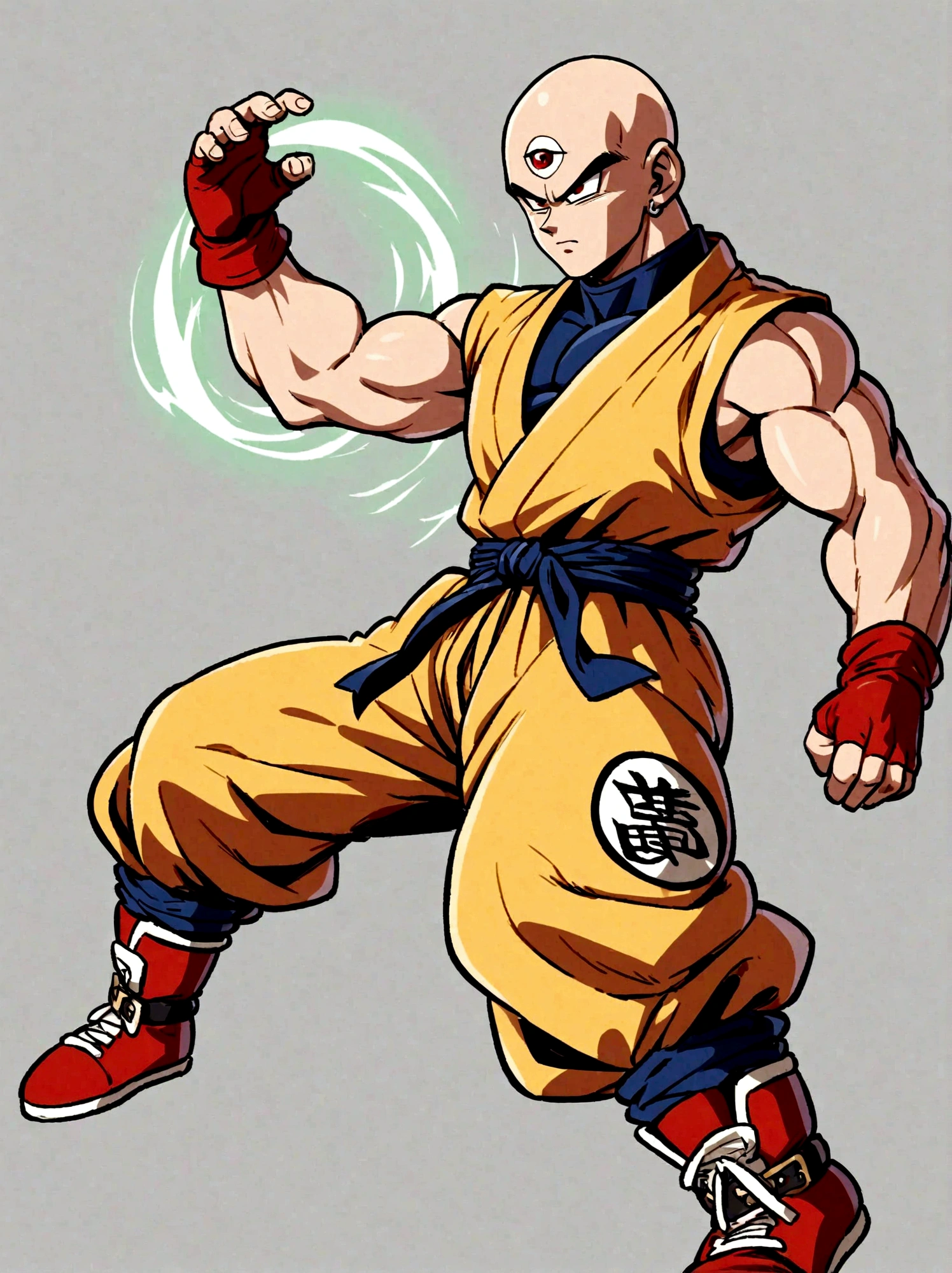 1boy, Dragon Ball, Tien Shinhan, Martial artist, lean muscles, bald head, piercing eyes, third eye, telepathy, telekinesis, red and yellow uniform, sleeveless turtleneck, yellow pants, red boots, fingerless gloves, distinctive logo belt, earrings, elegant
