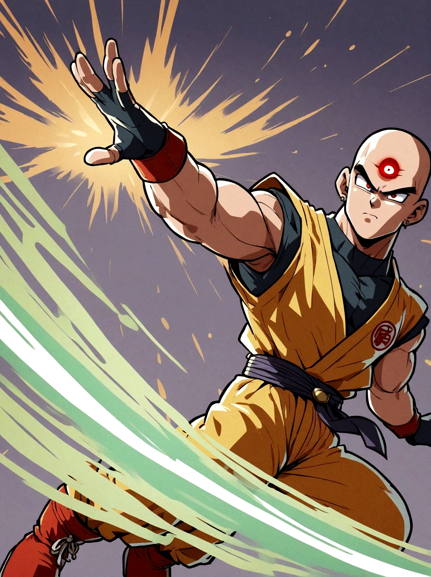 1boy, Dragon Ball, Tien Shinhan, Martial artist, lean muscles, bald head, piercing eyes, third eye, telepathy, telekinesis, red and yellow uniform, sleeveless turtleneck, yellow pants, red boots, fingerless gloves, distinctive logo belt, earrings, elegant
