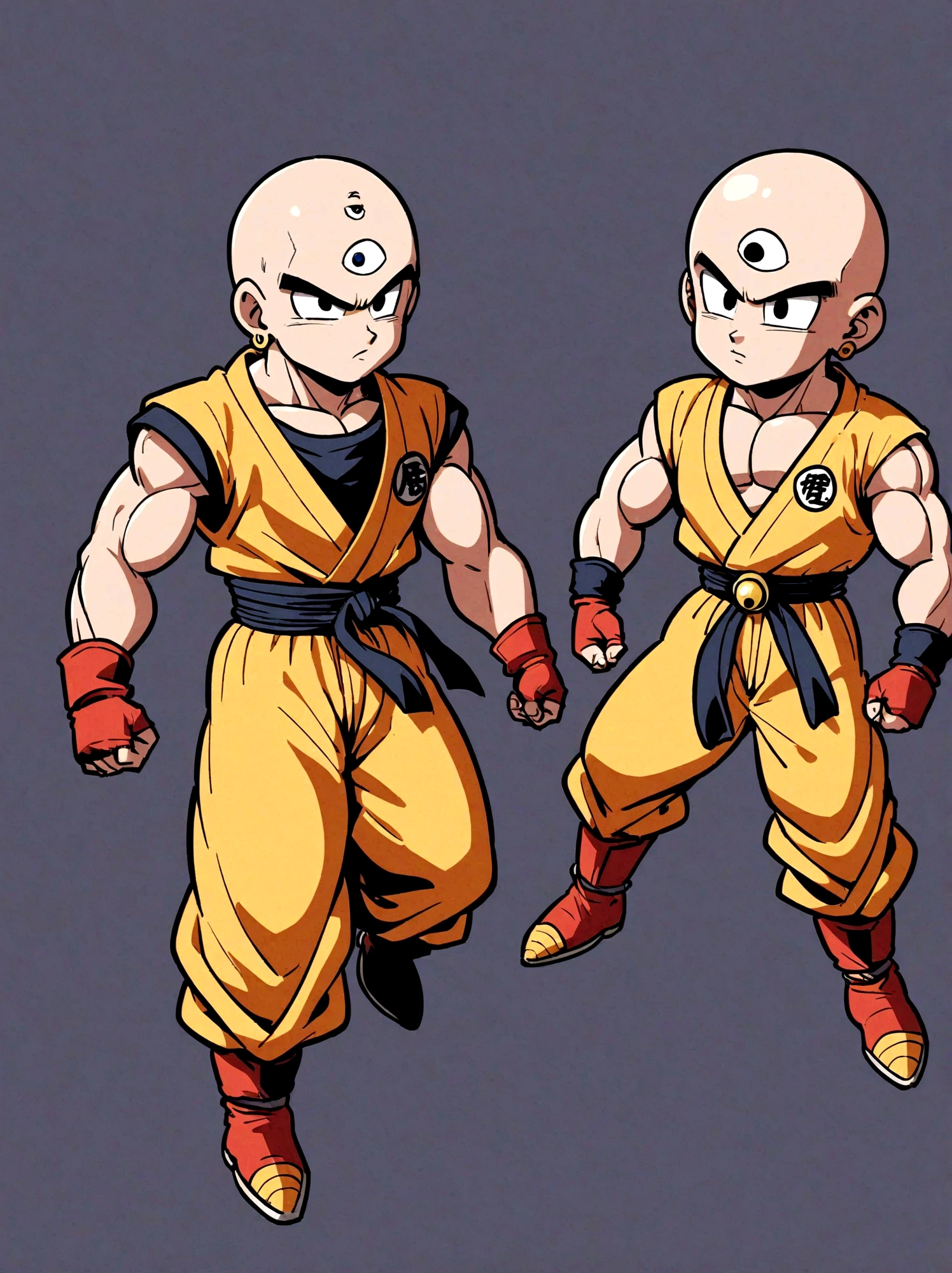1boy, Dragon Ball, Tien Shinhan, Martial artist, lean muscles, bald head, piercing eyes, third eye, telepathy, telekinesis, red and yellow uniform, sleeveless turtleneck, yellow pants, red boots, fingerless gloves, distinctive logo belt, earrings, elegant